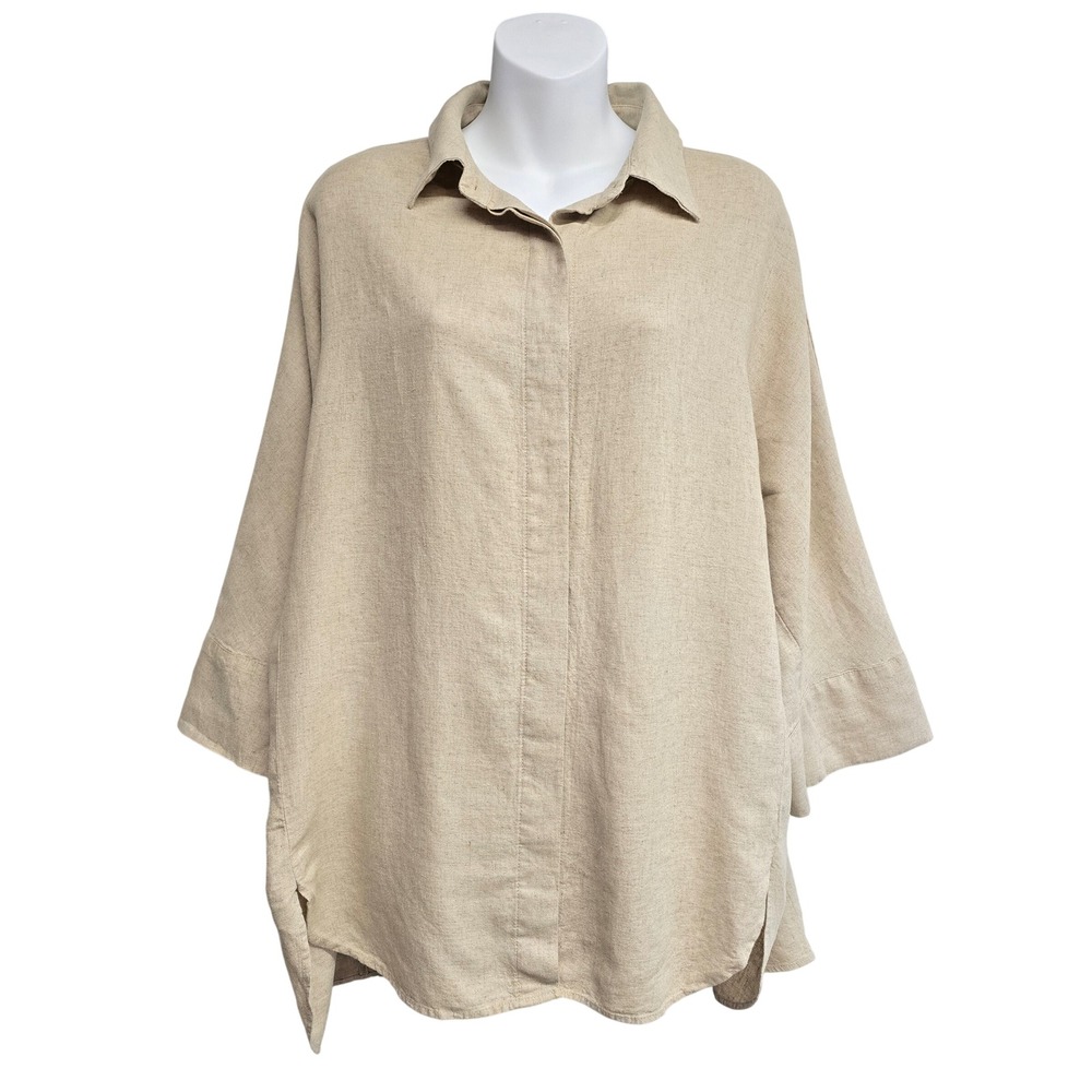 ZARA Linen Blend Short Sleeve Button Up Shirt Beige Cream Womens Small L Utility